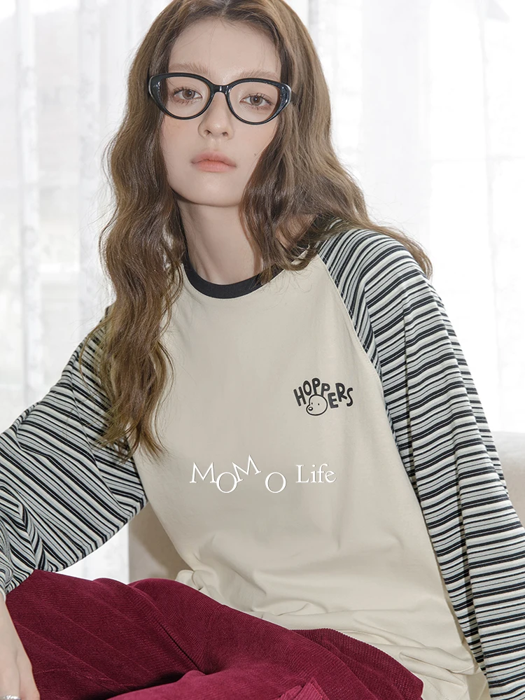 

Mlife Повседневная полосатая футболка Женская длинная футболка с принтом Све Базовый топ Осенняя мода с волнистыми вставками Дизайн Персикового цвета...