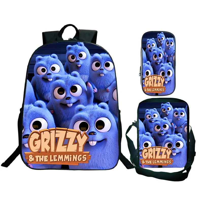 3 Pcs Set Grizzy And The Lemmings Print Backpack Funny Cartoon School Bag Laptop Bag Lightweight Children Schoolbag Set for Boys