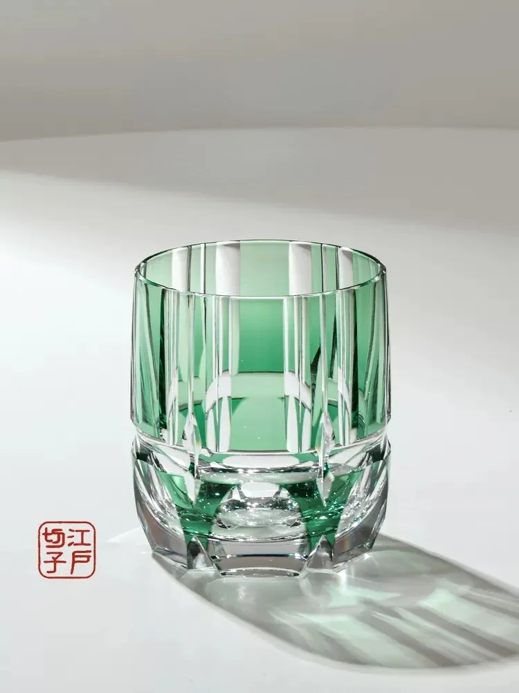 

EDO Kiriko Glass Crystal Whisky Rock Cup Green Bamboo Japan KAGAMI Design Wine Tumbler Hand Carved Liquor Spirits Brandy Snifter