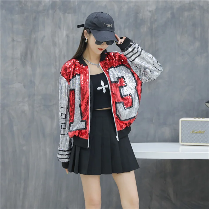 Autumn Striped Number Patchwork Color Streetwear Long Sleeve Sequins Jacket Hip Hop Loose Round Neck Geometric Women's Coats