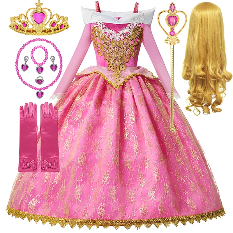 Disney Sleeping Beauty Girls Aurora Princess Dress Kids Cosplay Rapunzel Frozen Elsa Cinderella Costume Party Clothing 2-10Years