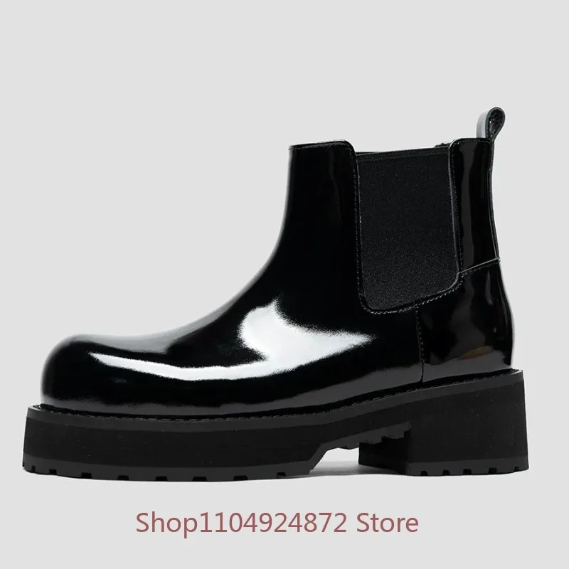 British Style Genuine Leather Chelsea Boots Men's Shoes Walking Outdoor Work Thick Platform Sole Slip‑on Ankle Boots Male Black