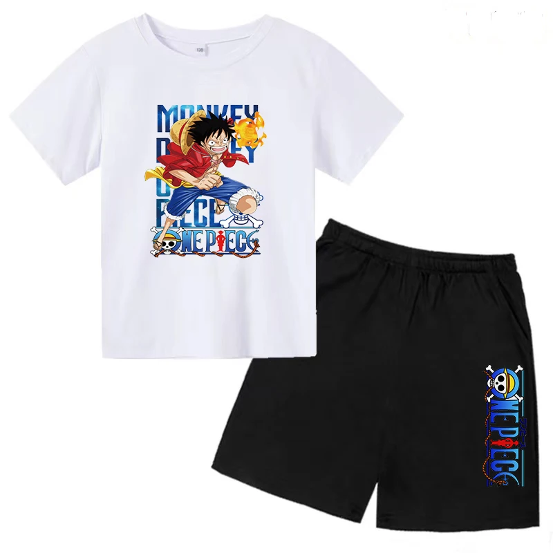 Children Summer Short Sleeve T-shirt Boys Girls Toddlers 3-12Y Anime One Piece Luffy Print Top + Shorts 2P Cute Fun Casual Suit