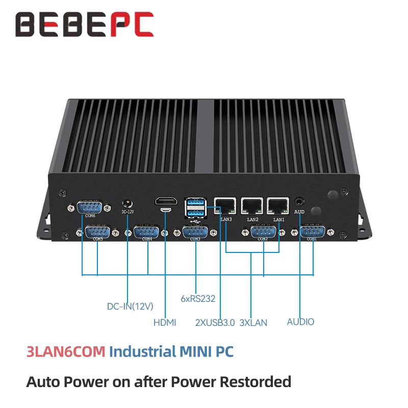 BEBEPC Fanless Industrial Mini PC Intel Core i7-1165G7 6*RS232 COM 6USB WiFi6 4G 5G LTE Module Support Linux Pfsense Computer