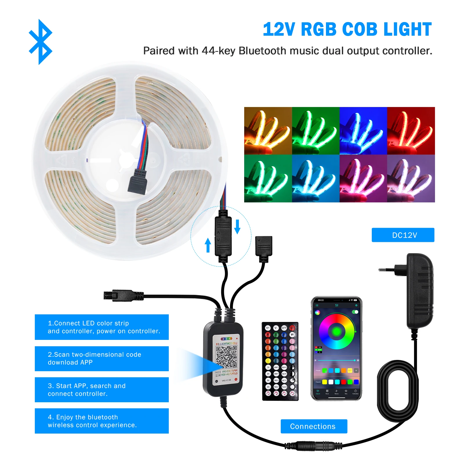 Tira de luz led cob bluetooth 840 leds rgb sonho fita flexível colorida dc12v 24v fita iluminação linear com controle remoto