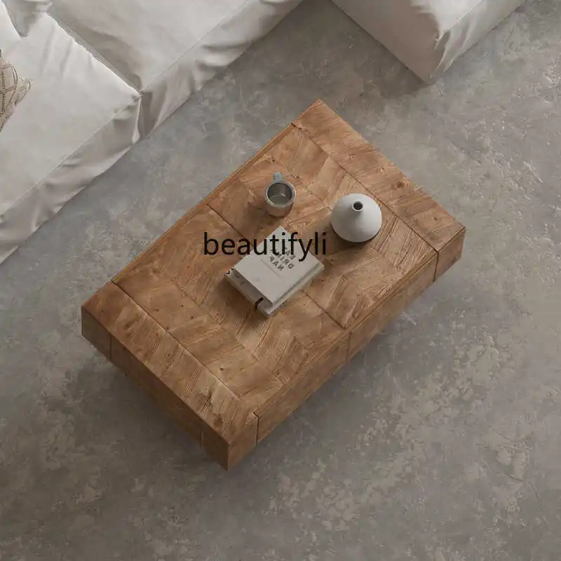 طاولة قهوة من الخشب الصلب على طراز الوسابي بلون الخشب الشمالي وغرفة معيشة صغيرة وطاولة قهوة صغيرة مستطيلة بسيطة