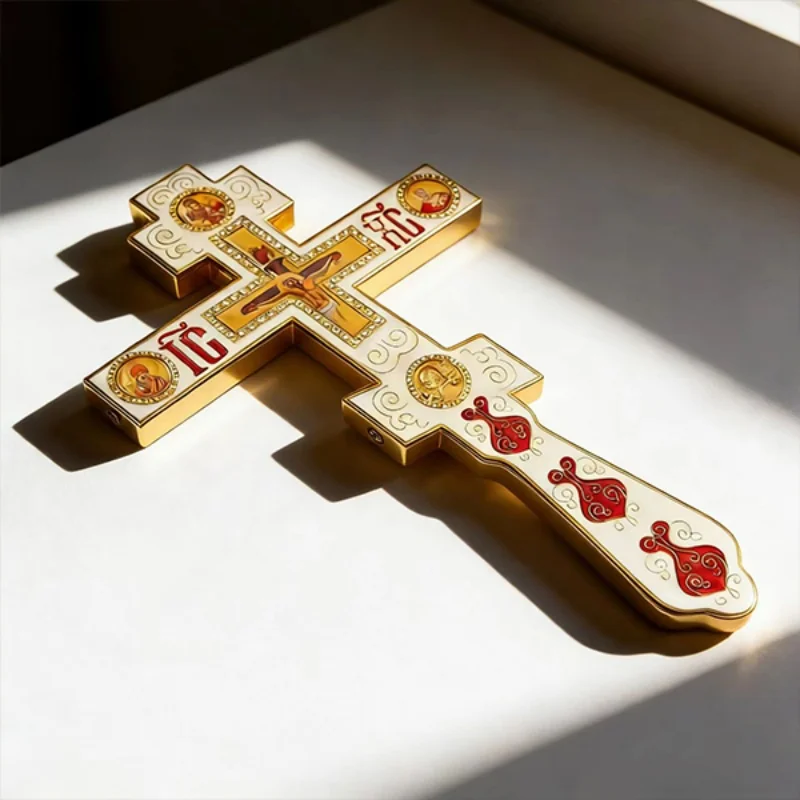 Premium White-Tone Orthodox Standing Cross with Gold Accents Saint Icons & IC XC Inscription for Church Services and Home Prayer