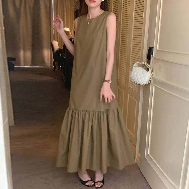 فستان صيفي أنيق بأسلوب كلاسيكي فضفاض برقبة مستديرة وبدون أكمام مع تطريز دانتيل، فستان طويل فضفاض على الطراز الكوري للنساء