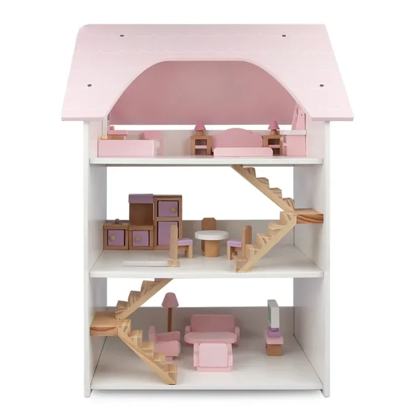 3 Etagen Villa große rosa Prinzessin Puppenhaus Möbel DIY 3D Holz Puppenhaus Spielzeug Cosplay für Kinder spielen Haus großes Geschenk