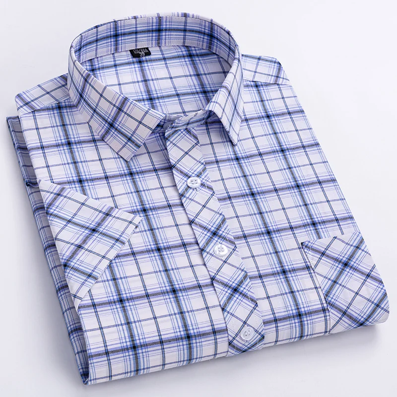 Camisas informales de algodón a cuadros para hombre, vestido de negocios elegante de manga corta, ropa de verano inteligente, camisas superiores de