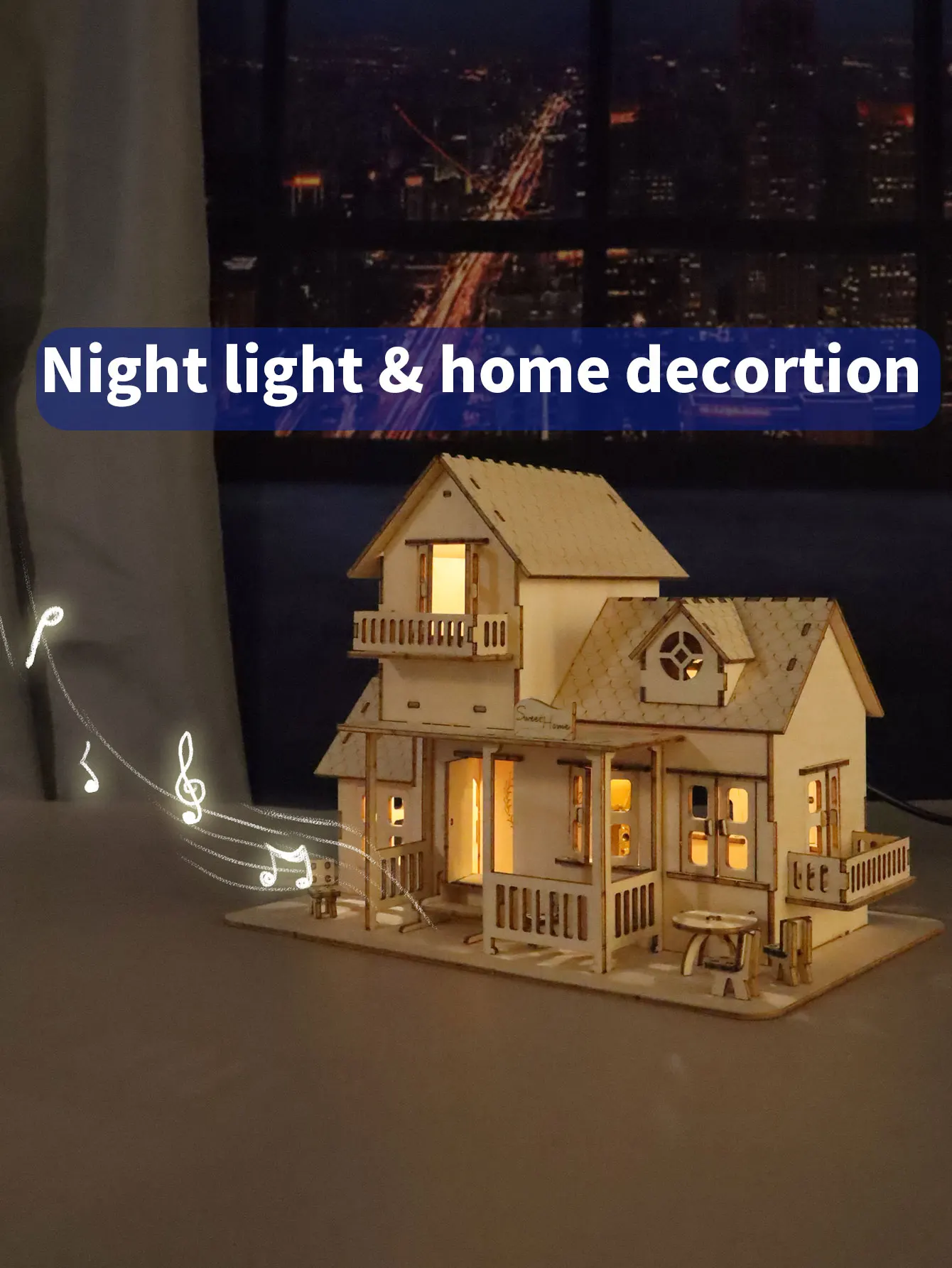 3D Wooden Puzzle Sweet Home Music Box Model Kits Building with LED Night Lights