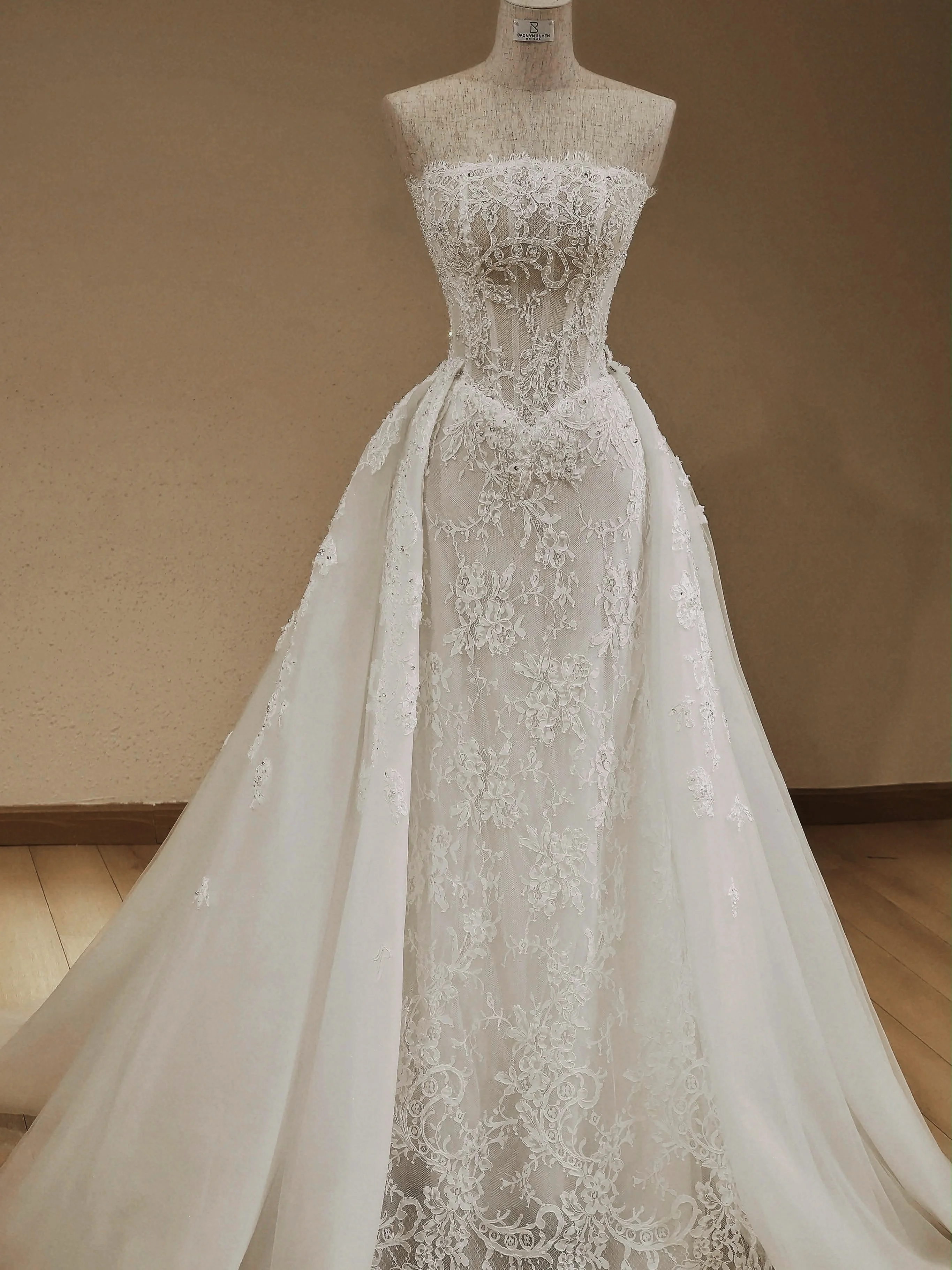 Customized Strapless Soft French Lace Wedding Dress Detachable Train Mermaid With Skirt vestido de novia