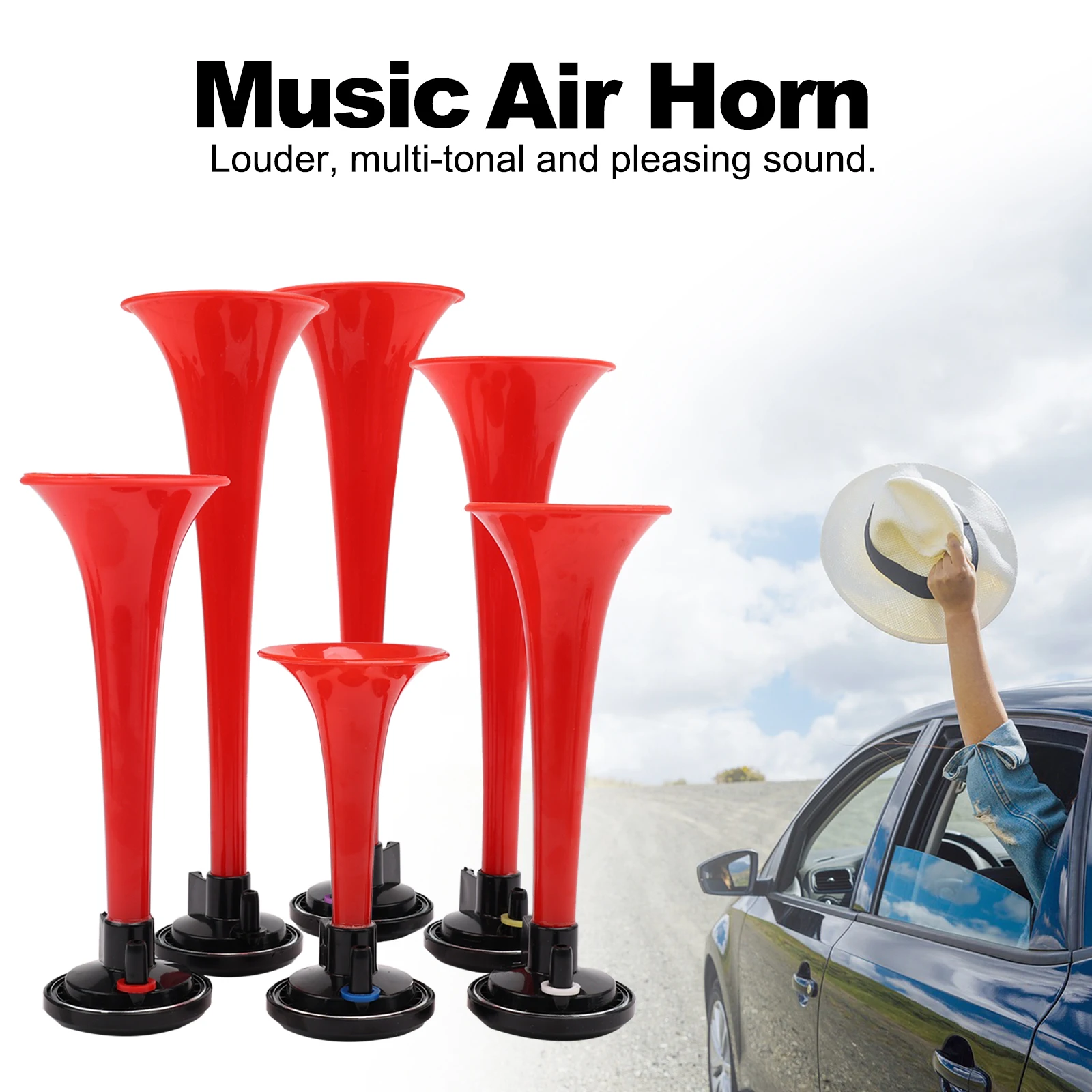 FARBIN Musical Horn 6 Trumpet Music Sound Air Horn with Compressor Play Godfather Melody Red 12V 150db for Train Truck Car Boat