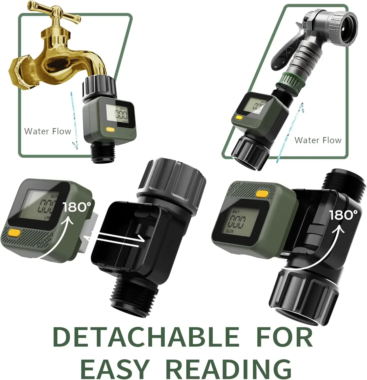 Diivoo Débitmètre d'eau numérique IP54 Mesure très précise du consommation d'eau pour l'arrosage extérieur du jardin, des réservoirs d'eau