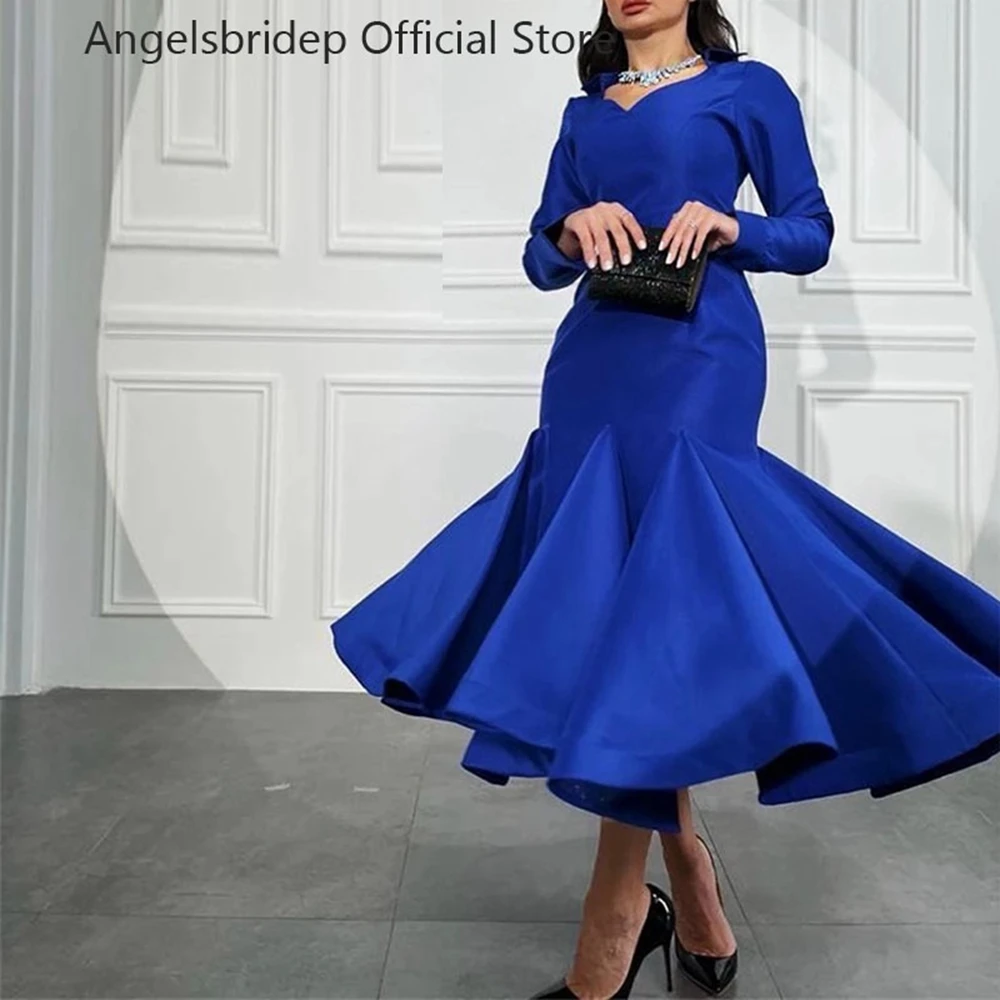 

Angelsbridep сдержанные Королевский синий атласные вечерние платья русалки с длинным рукавом V-образным вырезом длиной ниже колена саудовские арабские женские вечерние платья для выпускного вечера