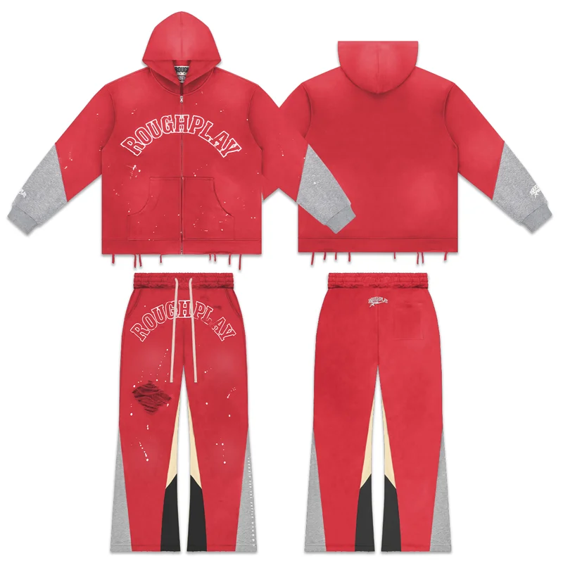 Retro Vintage Red Rough Play Hoodie Sets Man Autumn Winter Fashion Splashed Ink Letter Print Ripped Hole Sweatshirts Sweatpants