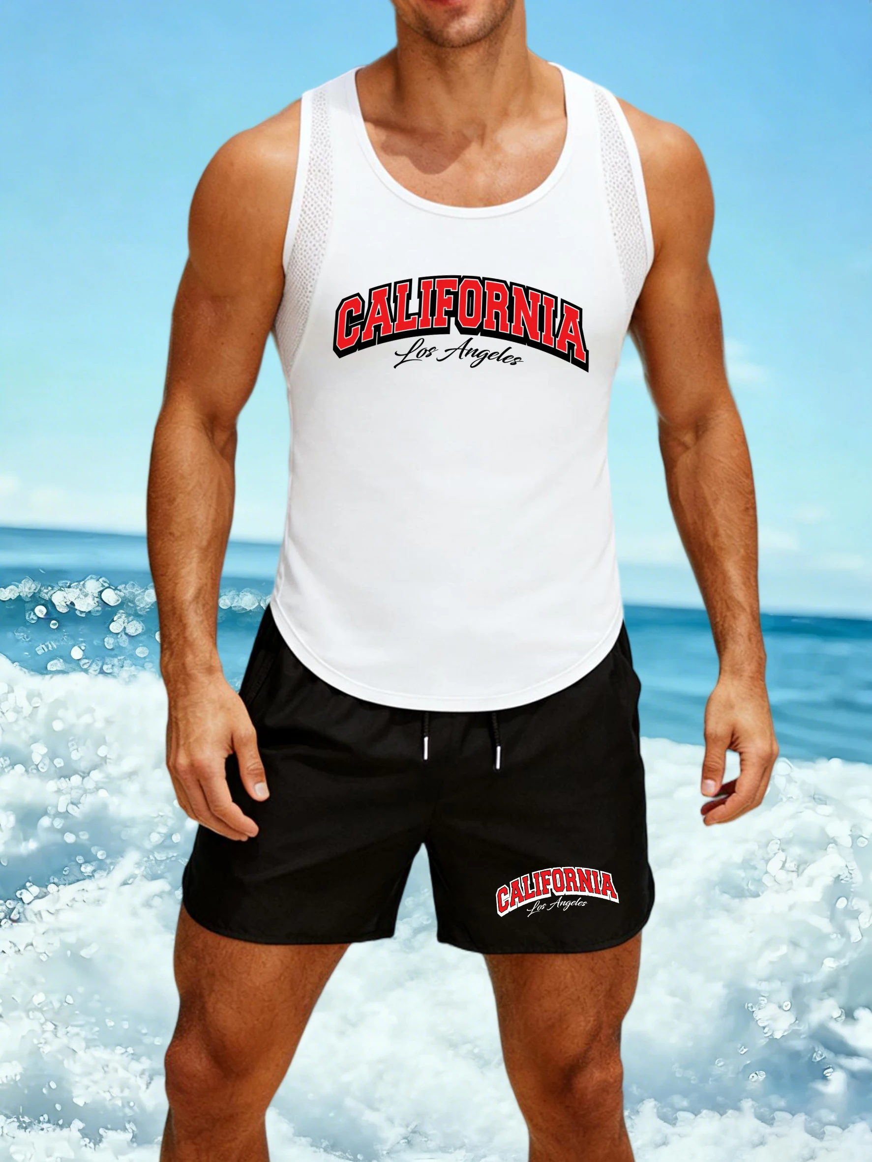 

California Los Angeles City Art Letter Reticular Vest Set Men Sport Shorts Summer Soft Sleeveless Tee Unisex Fashion Singlet