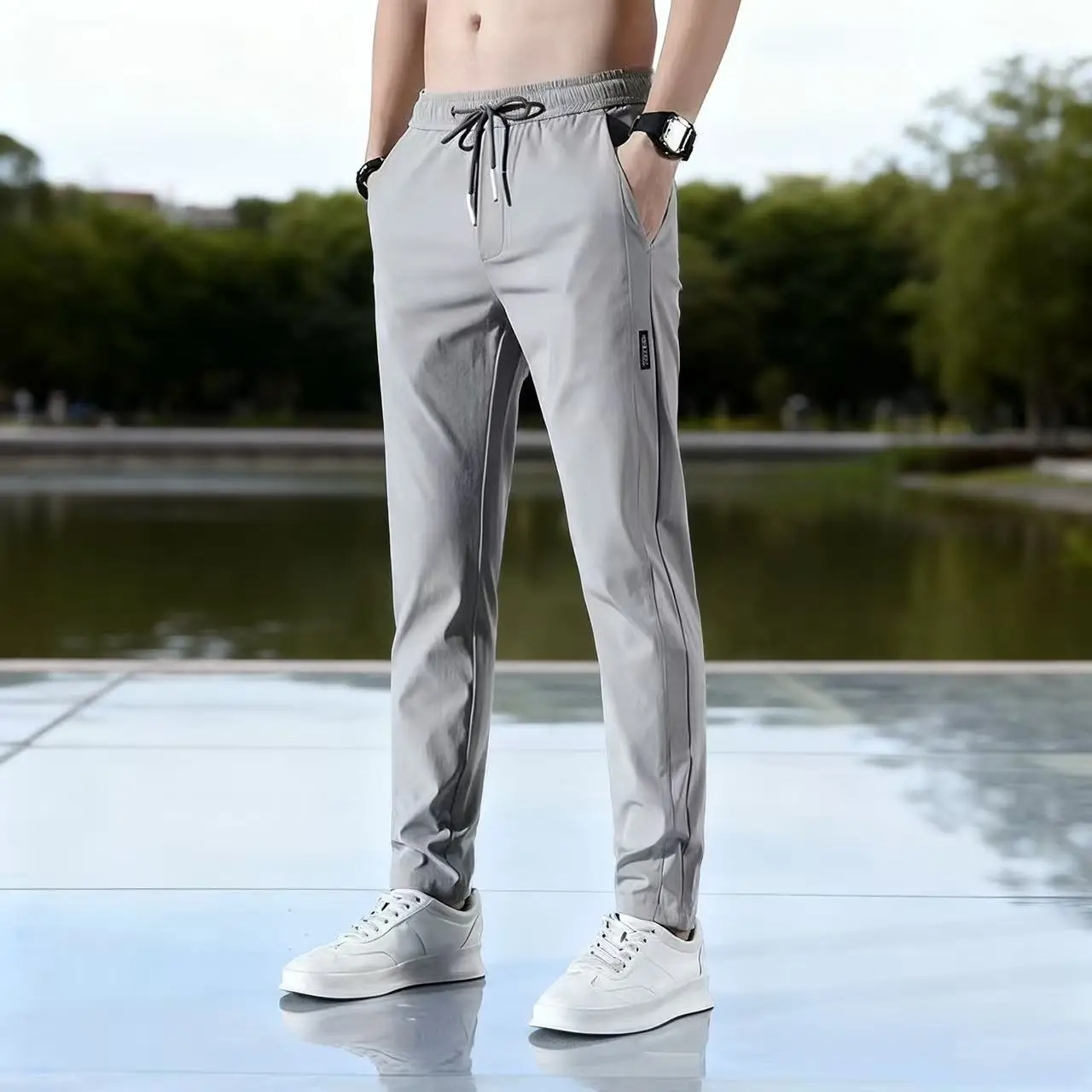 

Мужские брюки из ледяного шелка, новинка лета 2023, черные, серые, тонкие деловые повседневные брюки, уличные эластичные дышащие прямые спортивные штаны