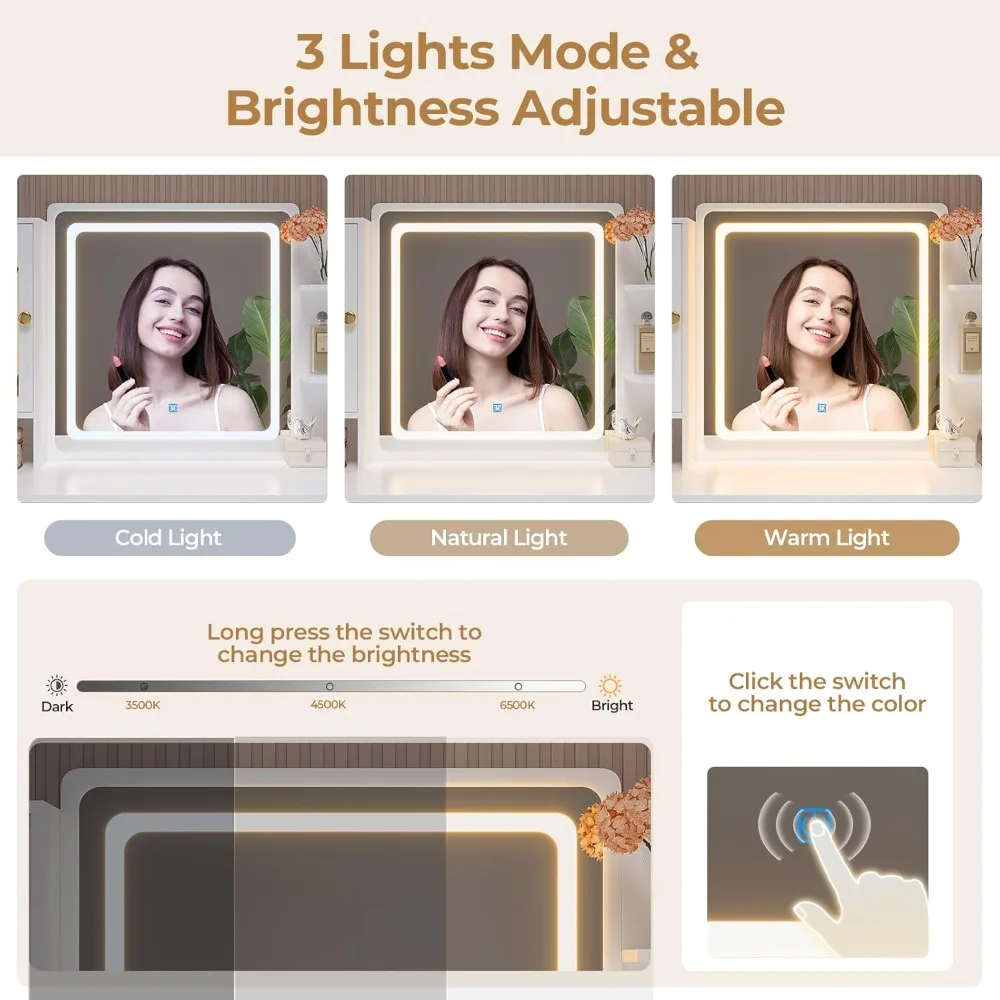 مكتب زينة أبيض مضيء مع 7 أدراج ومرآة ومنفذ شحن وخزانة زجاجية rgb #2