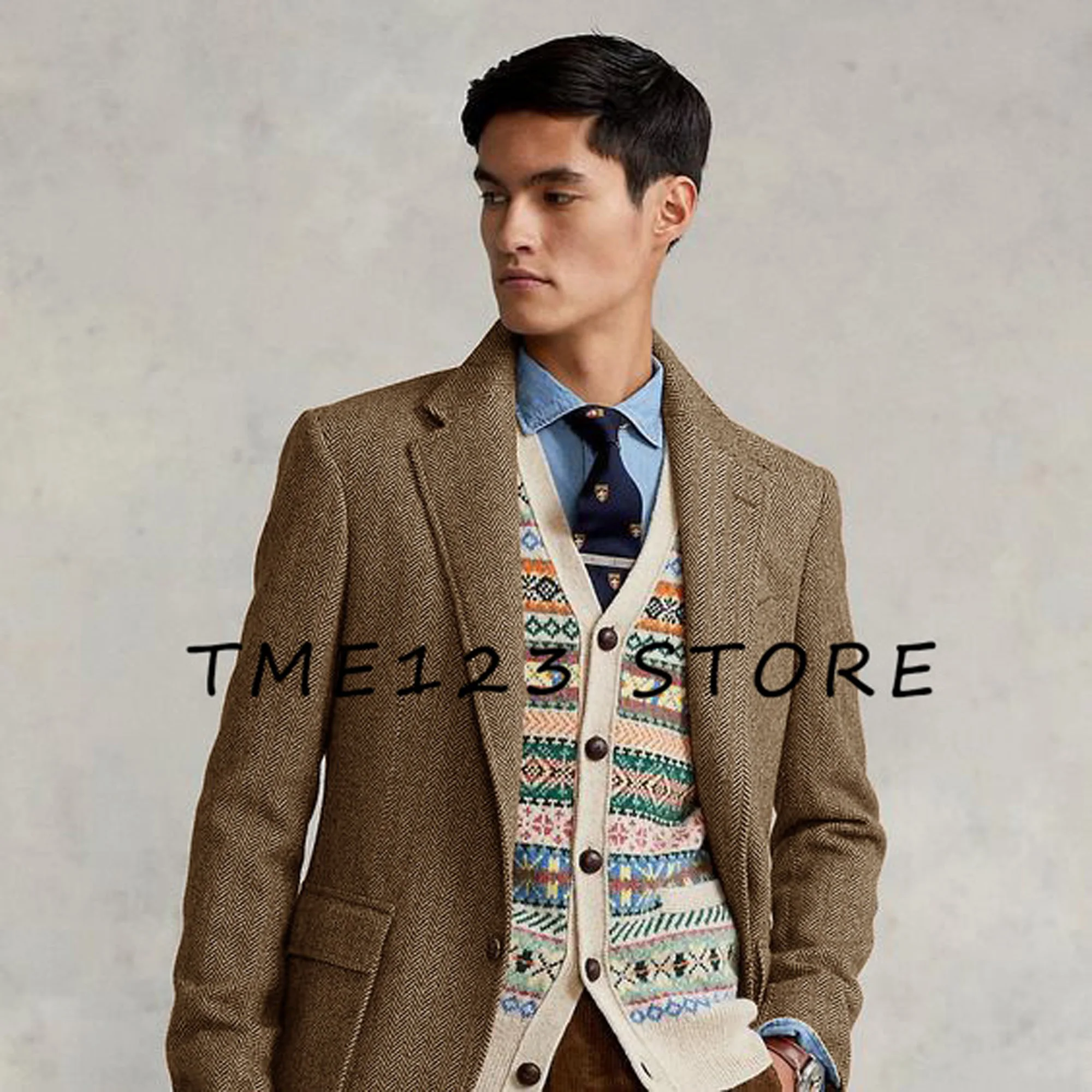 

Men's Herringbone Coat Spring and Autumn Single-breasted V-neck Business Casual Fishing Jackets Man Men's Golf Clothing Vintage