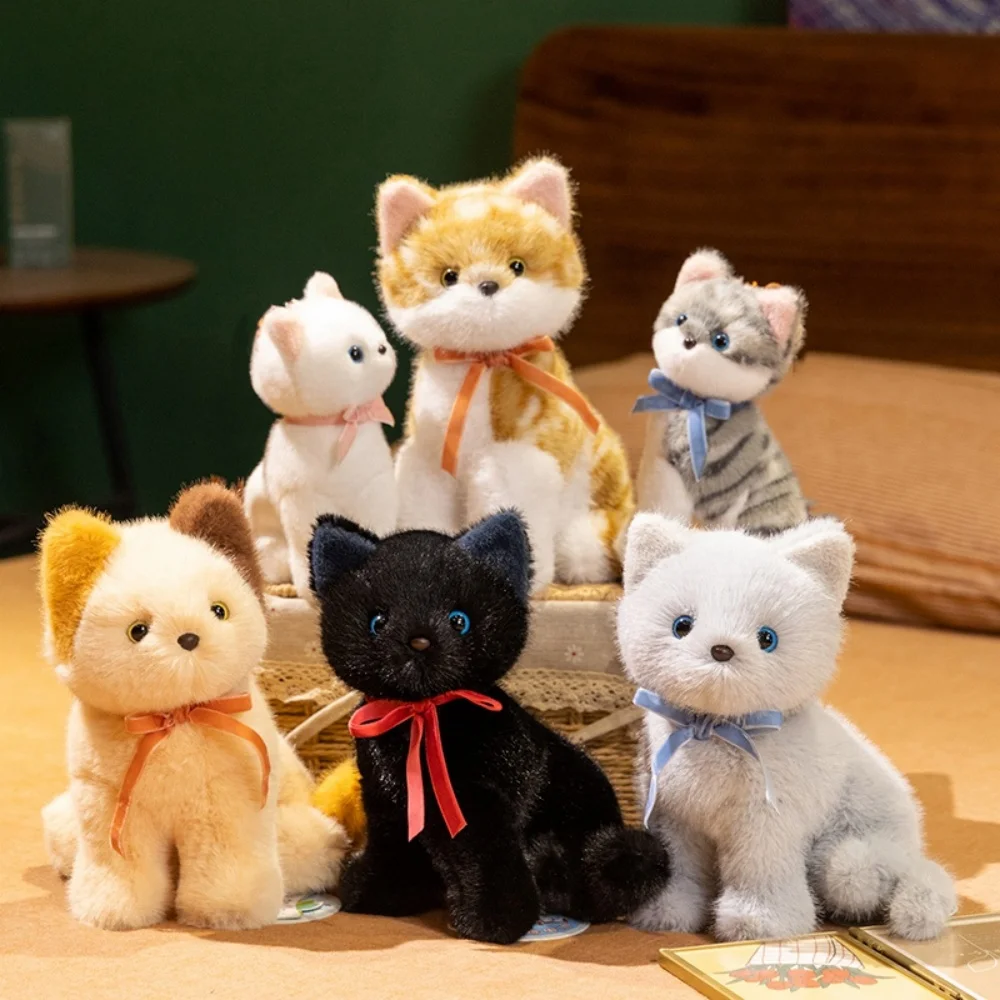 Realistic Fluffy Cat Plush Toy Cartoon Sitting Kitten Stuffed Animal Doll Keychain Bags Hanging Decor Birthday Gift