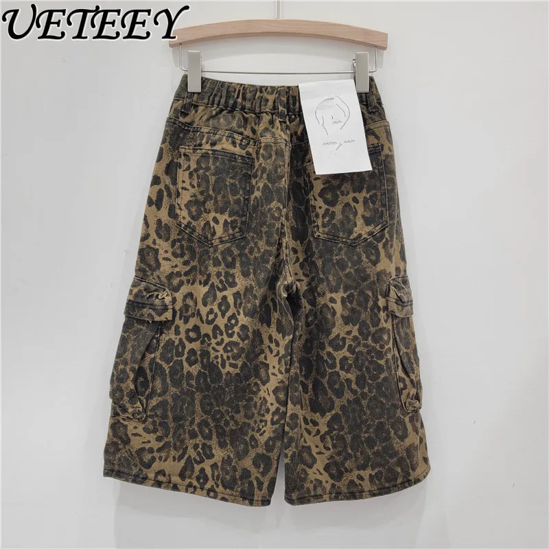 American Retro Leopard Print Straight Jeans 2024 Summer Five-Point Overalls Men Women Street Loose Washed-out Fashion Shorts