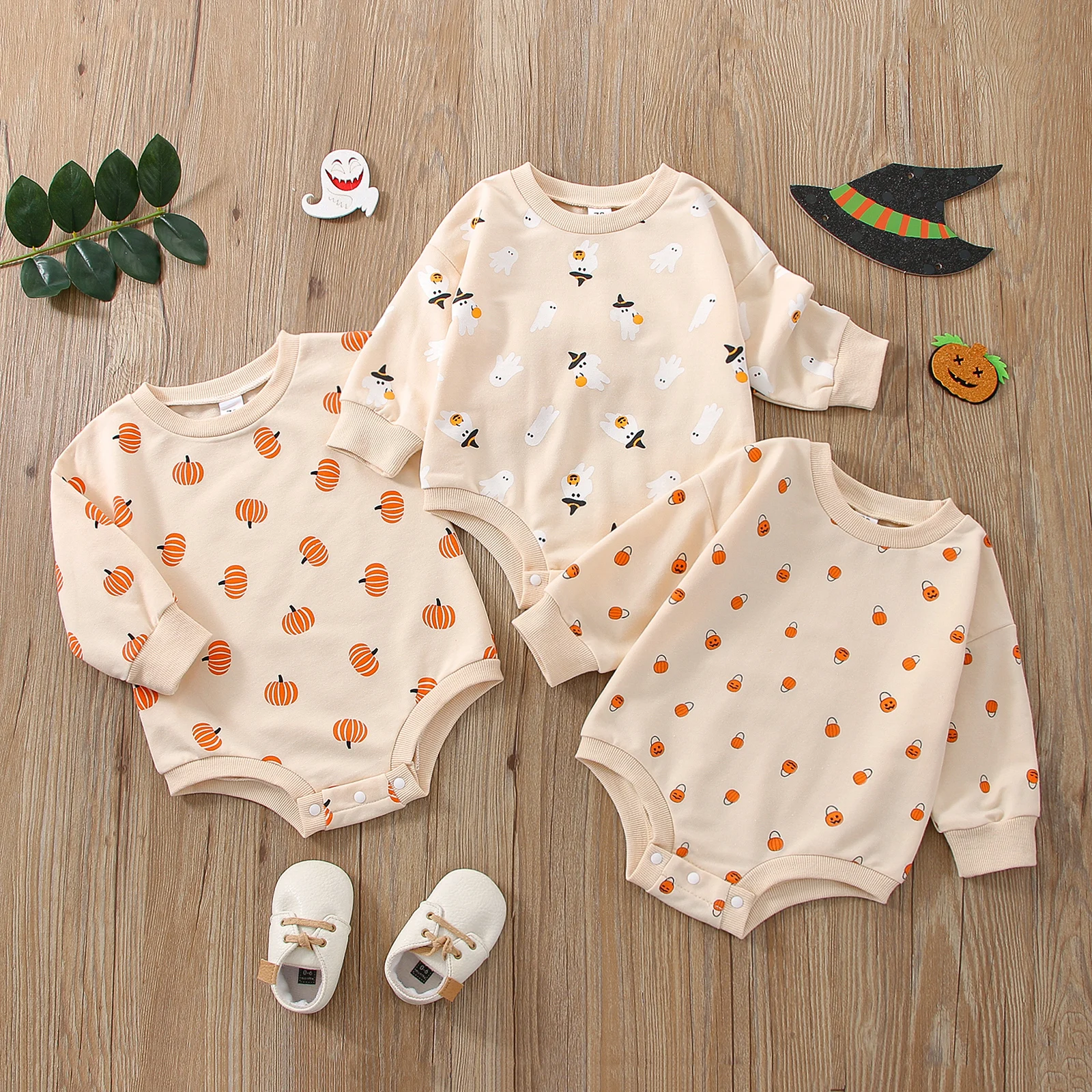 Baby Girls Halloween Casual Sweatshirt Romper Long Sleeve Ghost/Pumpkin/Lantern Print Bodysuits Jumpsuits Fall Winter Clothes