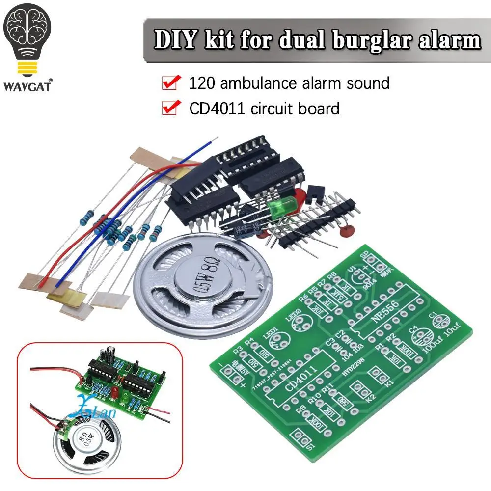 Dual way burglar alarm kit 120 ambulance alarm sound student principle experiment training CD4011 circuit board NE556 chip