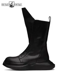 Gothic Men Thick Platform Mid Calf Boots Height Increasing Cowhide Genuine Leather Sneakers Man High Top Moto Biker Safety Shoes