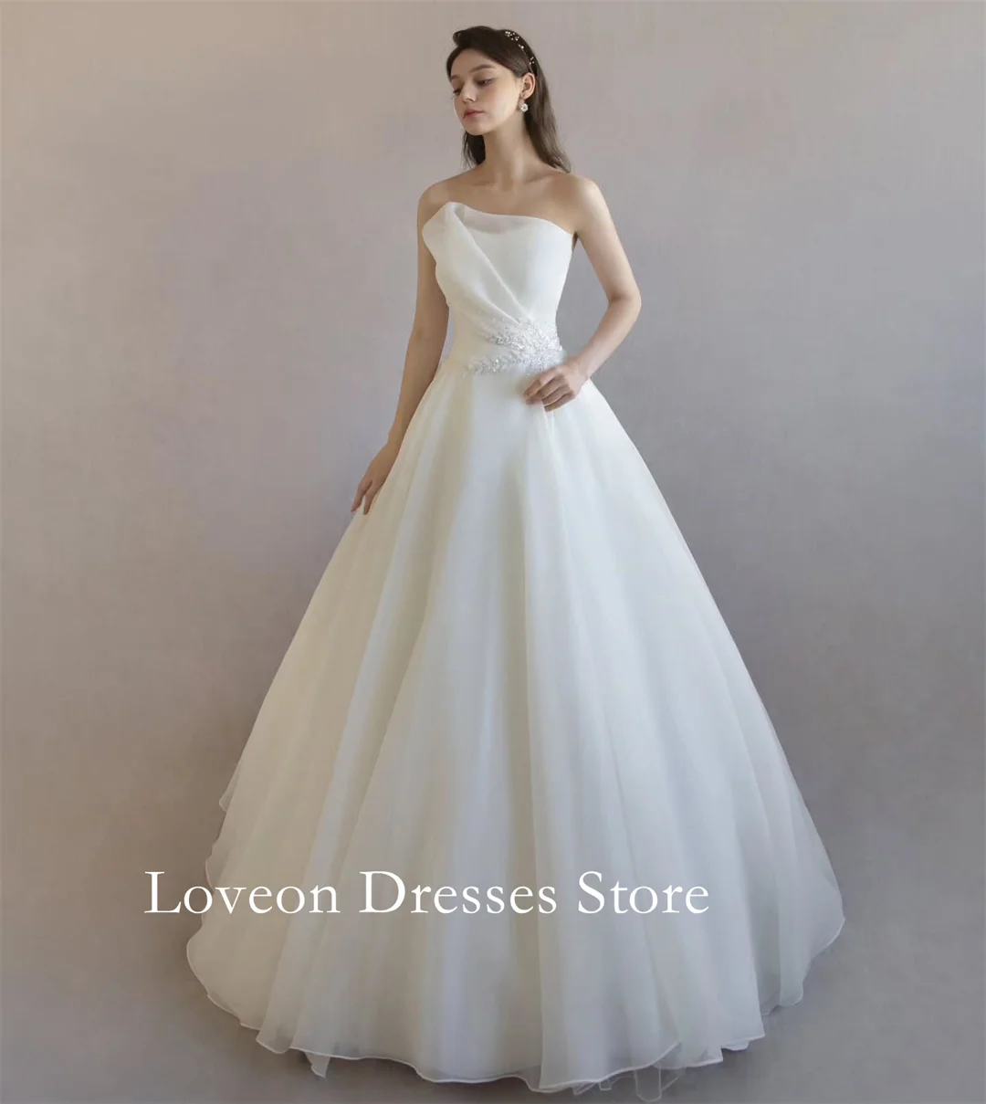 

Strapless Simple Wedding Dresses Customized 프롬드레스 Sleeveless Organza Corset Korea Pretty Ivory Bride Gowns Party Women Bride