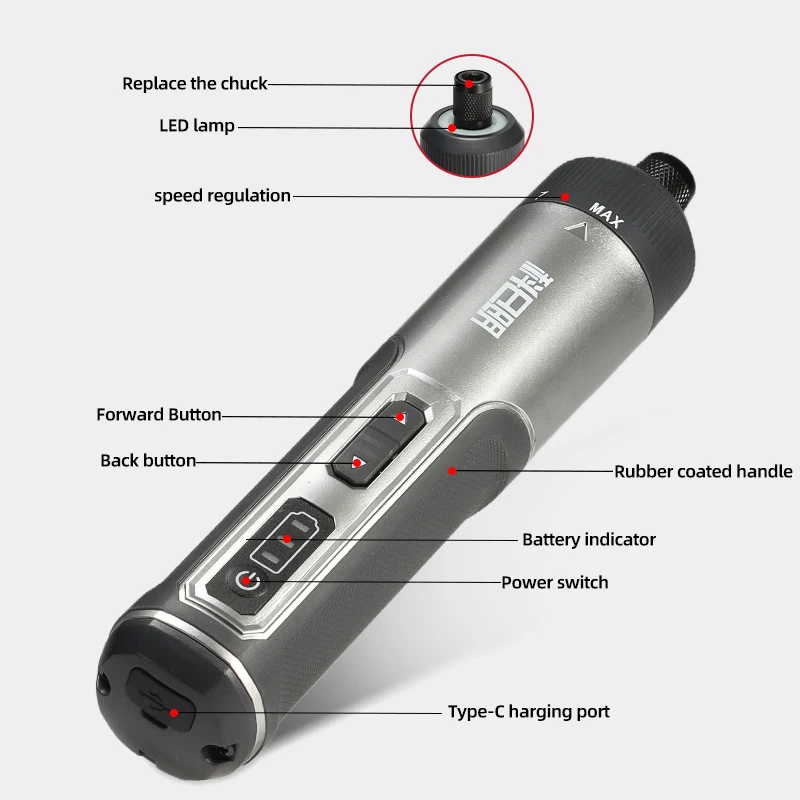 4V Cordless Electric Screwdriver 5N.m 7-Speed Torque Type-C 2000mAh Rechargeable Forward/Reverse 40pcs Bit Set