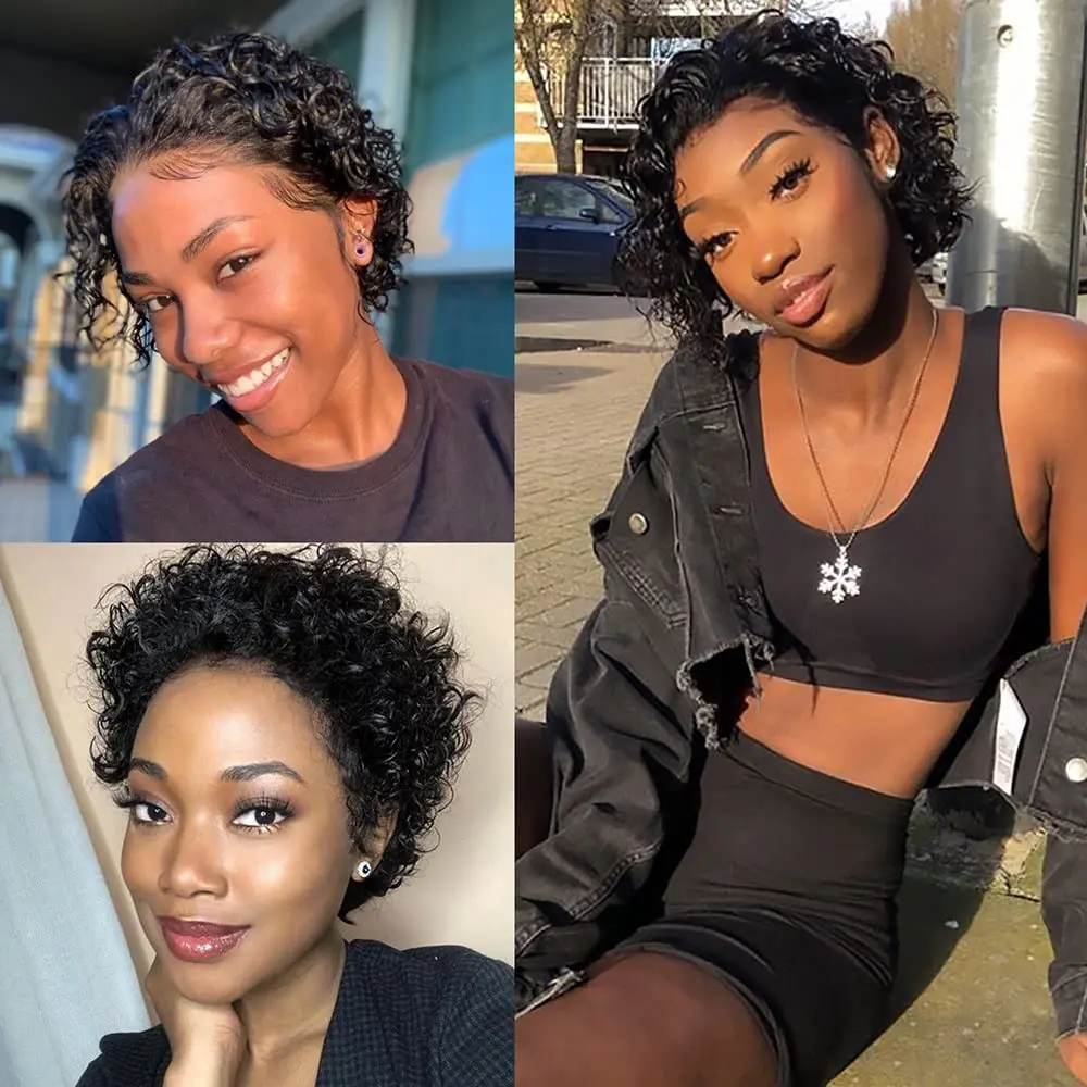 Ulrica Pixie Curly Human Hair Wig 13x1Short Curly Hair Lace Frontal Wig Pre Plucked Curly Human Hair Bob Wigs For Africa Women