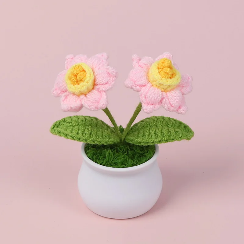 

1pc Finished Daffodil Pot Two Heads Handmade Crochet Mini Plant Potted Table Decoration Valentine's Day Friend Gift Home Decor