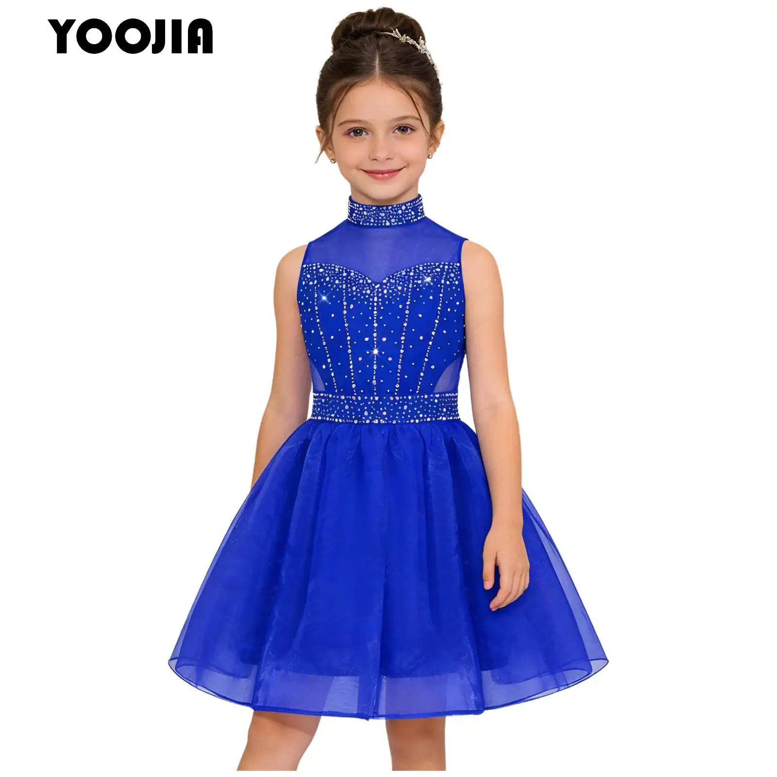 

Kids Girls Rhinestones Tulle Party Dress Sleeveless Mesh Princess A-line Tutu Dress Birthday Pageant Gown Performance Costume