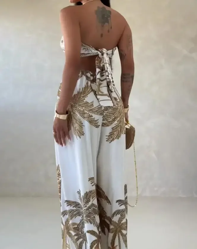 Women's jumpsuit, fashionable commuting front printed lace up backless jumpsuit, front hollowed out, wide leg jumpsuit