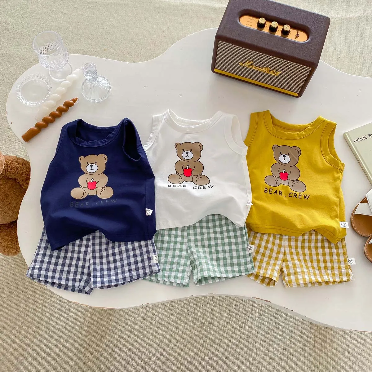 Korean Fashion Kids Clothes Baby Boy Girl Summer Cartoon Bear Print Sleeveless Tops + Shorts Unisex Two Piece Set 1-5yrs