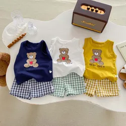 Korean Fashion Kids Clothes Baby Boy Girl Summer Cartoon Bear Print Sleeveless Tops + Shorts Unisex Two Piece Set 1-5yrs