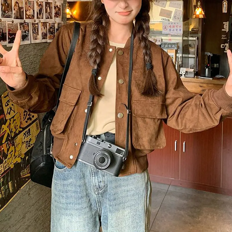 Female Clothing Maillard Retro Coats Imitation Suede Autumn Winter Baseball Collar American Loose Single-breasted Short Jackets