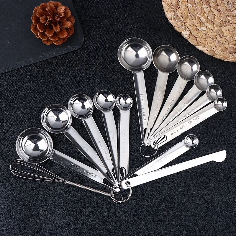 【F】4/6/8Pcs Stainless Steel Measuring Spoon Cup With Scale Measuring Ruler Egg Beater Spoon Kitchen Baking Measuring Tool