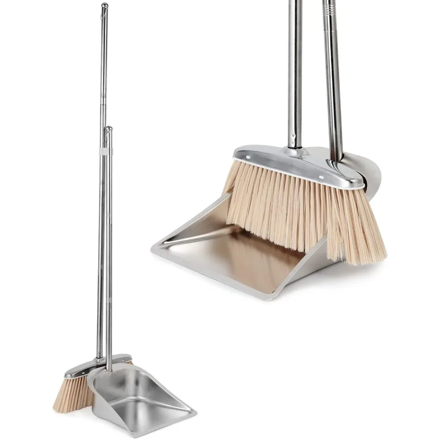 

Broom and Dustpan Set for Home Stainless Steel Broom and Dustpan Set with Long Handle Heavy Duty Dustpan Broom Set Standing Dus