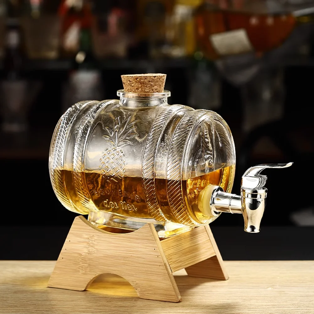 Whisky Glass Barrel Container with Tap, Beer Juice Glass Jar, Special Glass Bottle with Faucet, Thickened Drink Bucket, 1000ml