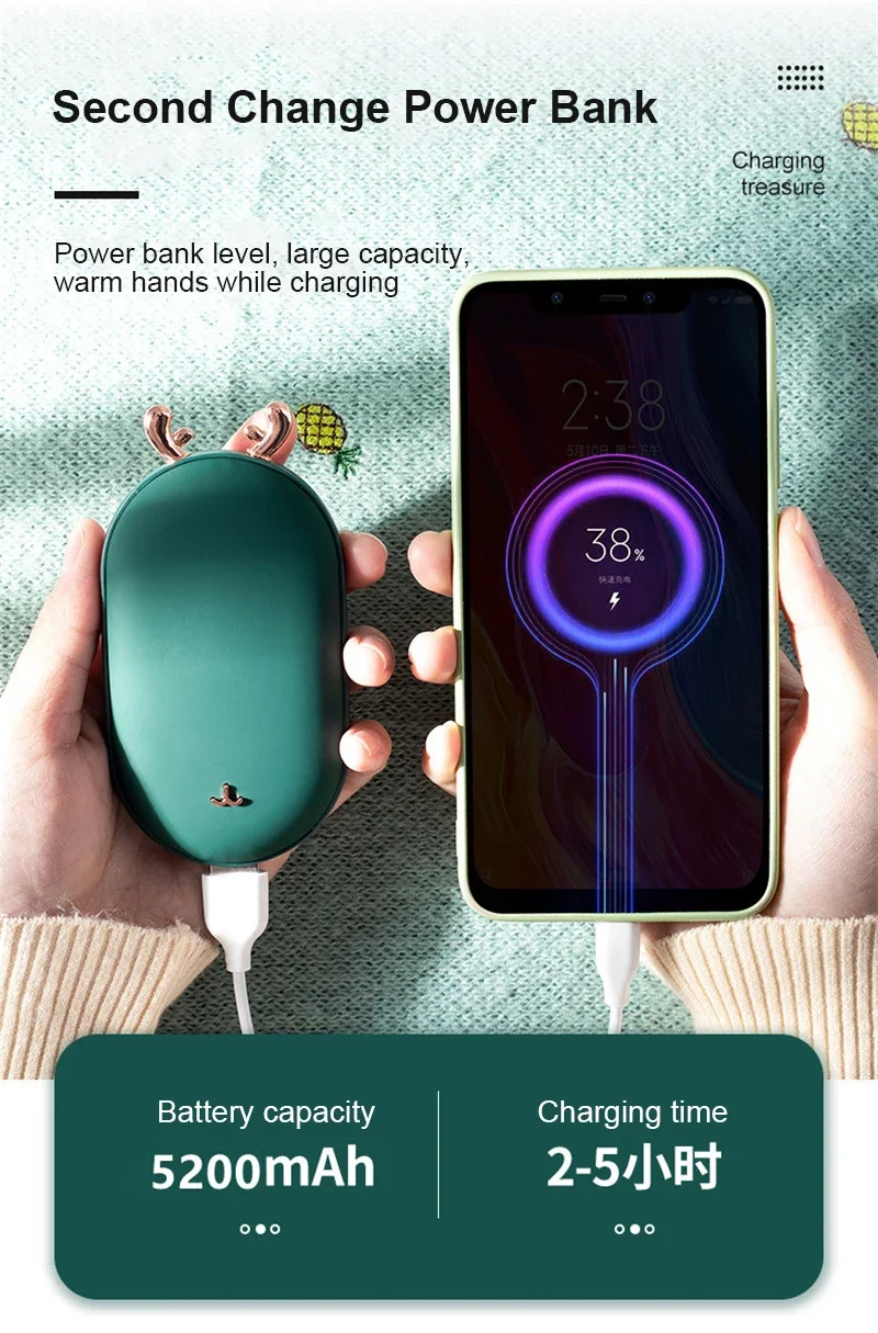 Mini Winter Reusable Hand Warmer Power Bank USB Rechargeable Fast Heating Cute Hand Warmer Instant Heating Pack Cold Winter