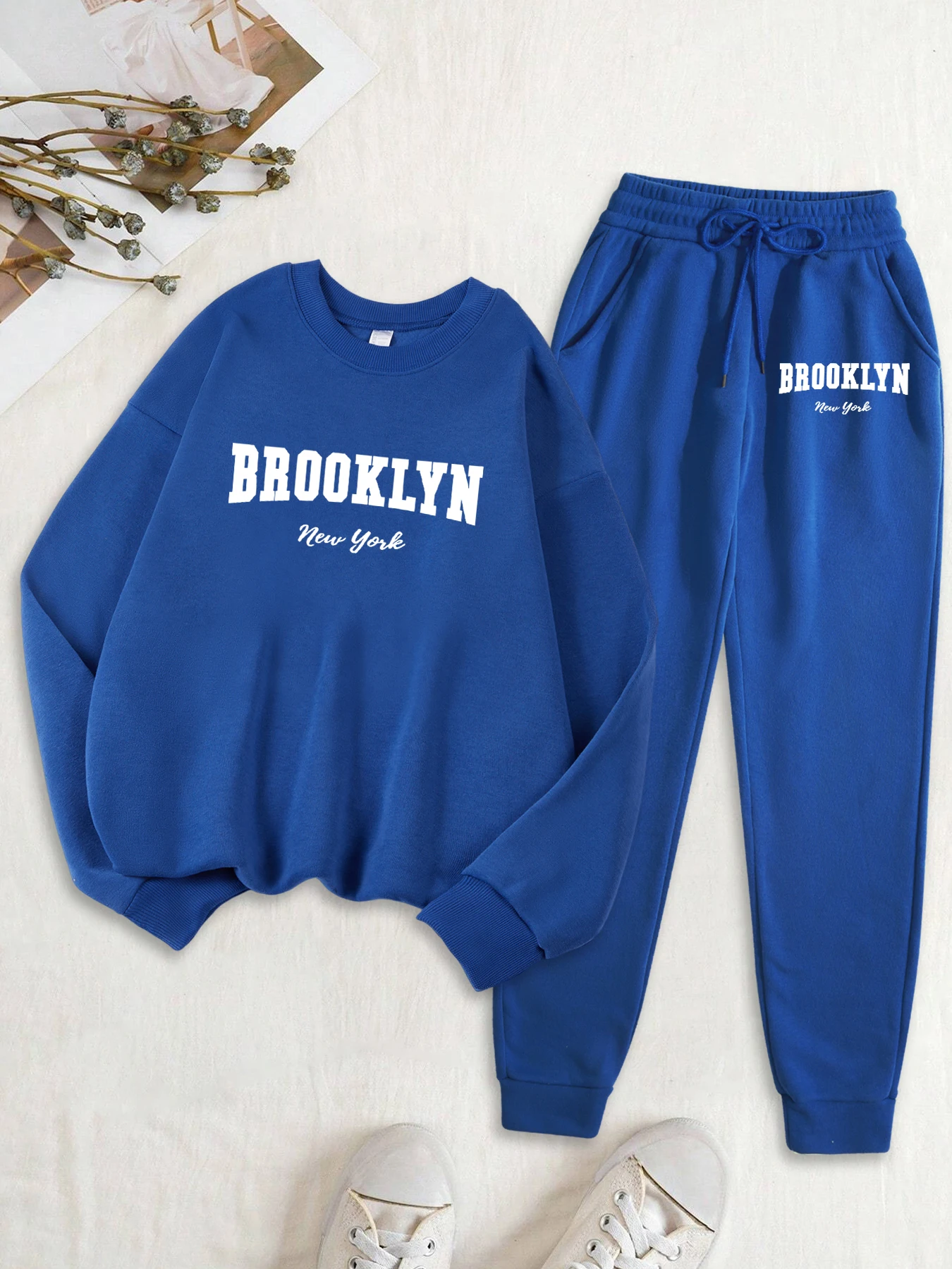 Brooklun New York Lettera Stampa Felpa da donna Set Autunno Vestiti in pile Set da 2 pezzi O-Collo Tuta casual Pantaloni da jogging di moda