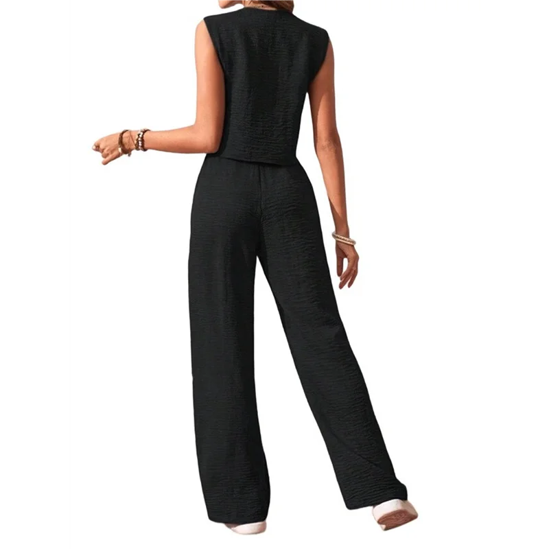 

ABRT-Women's 2 Piece Outfits Linen Vest Waistcoat Dressy Casual Sets Wide Leg Pants Suits