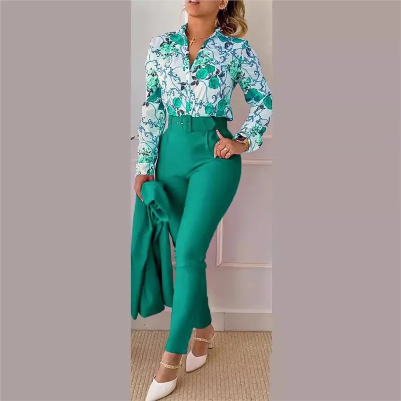 Casual Long Sleeve Shirt Pants Set Office Lady Fashion Elegant V Neck Floral Print Trousers Two Piece Set Women Outfit 2024