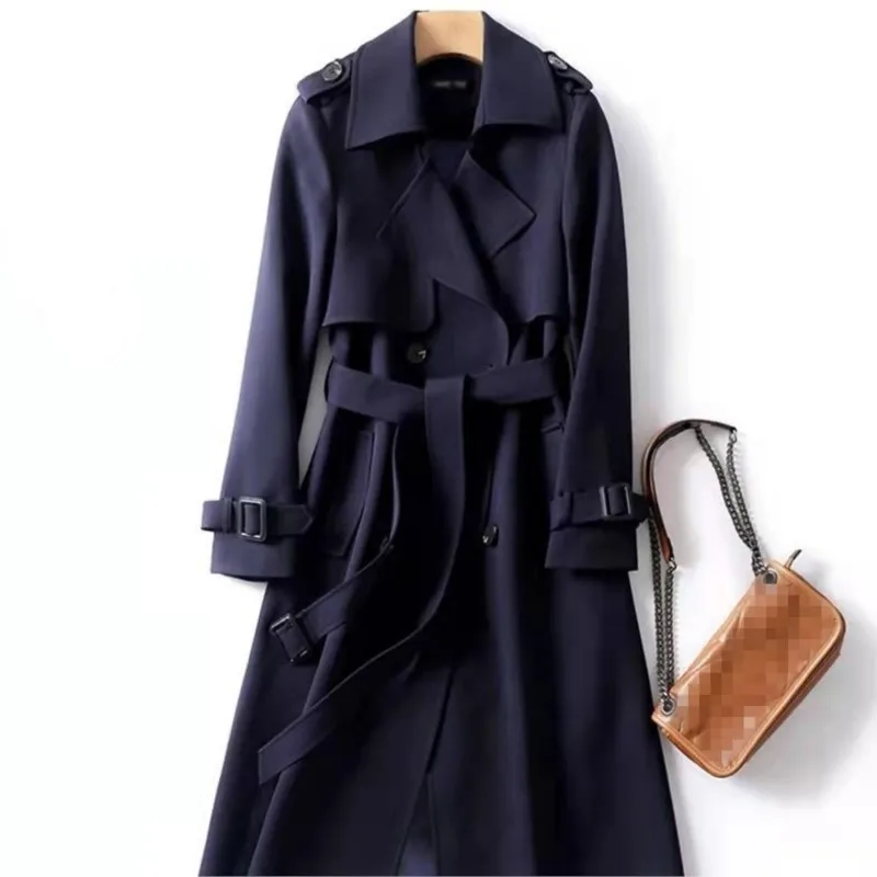 Women\'s Trench Coat 2024 Autumn Korean Long Jacket with Belt Solid Double-breasted British Style Khaki Coat For Women Red Blue