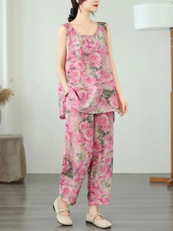 

Модный льняной комплект с принтом, женский жилет-конверт со свободной талией, девятисекционные брюки, большой размер, комплект Faion, возрастной дубинка