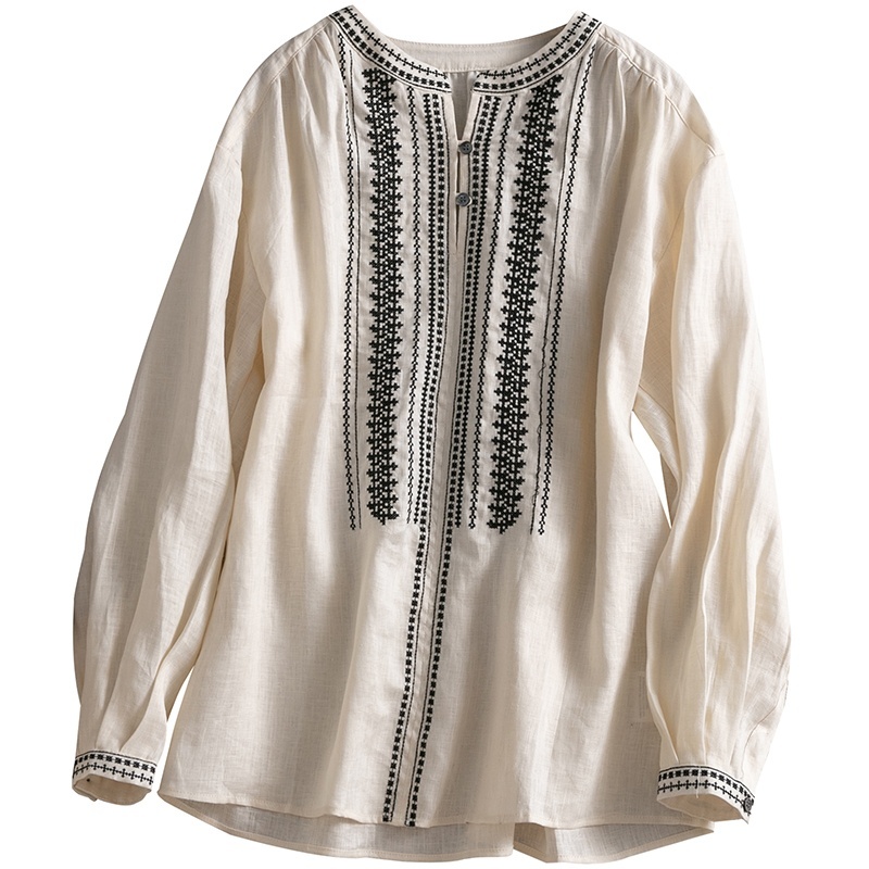  Ele Linen irt Women's Spring Autumn Loose Retro Artistic Heavy Embroidery round Ne Long Sve Overhead Top 