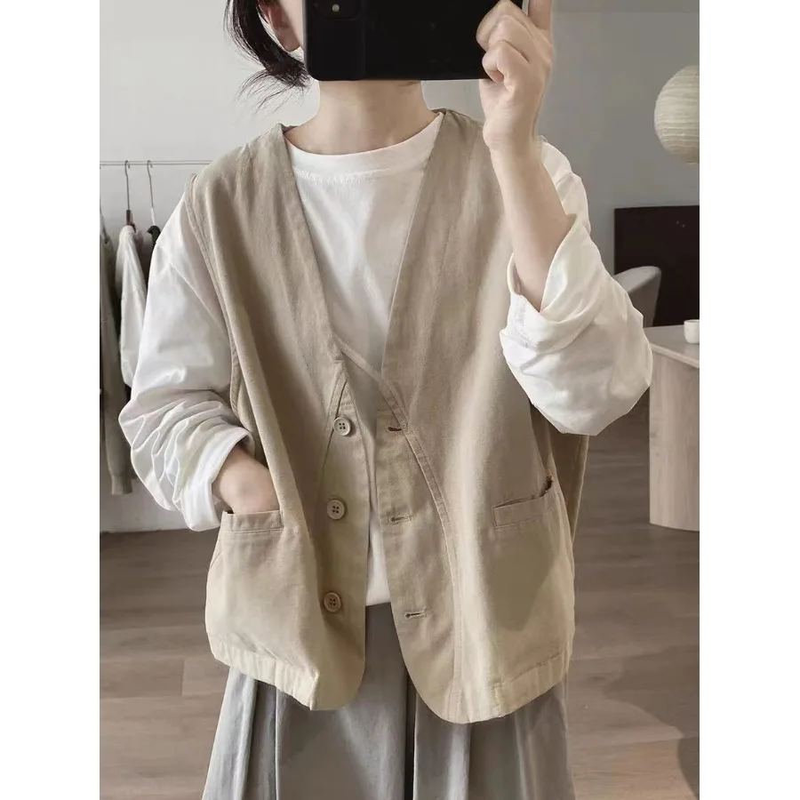 

Loose Cotton Vest Outerwear Women's V-ne Simple Design Workwear Tank Top Slimming Effect Autumn Faion New Arrival