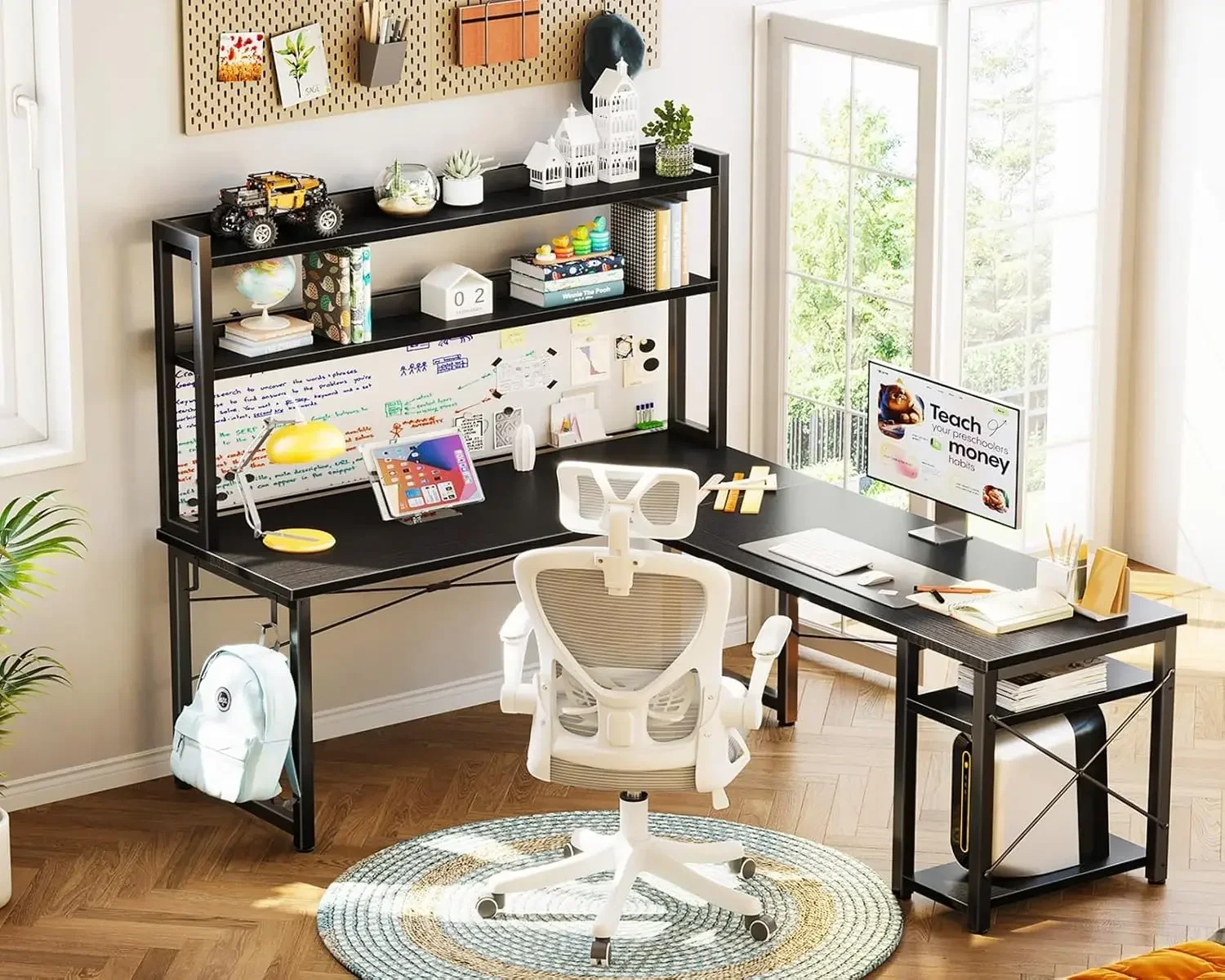 L Shaped Gaming Desk with Hutch, Computer Desk with Storage Shelves, 66" L Shaped Desk for Home Office